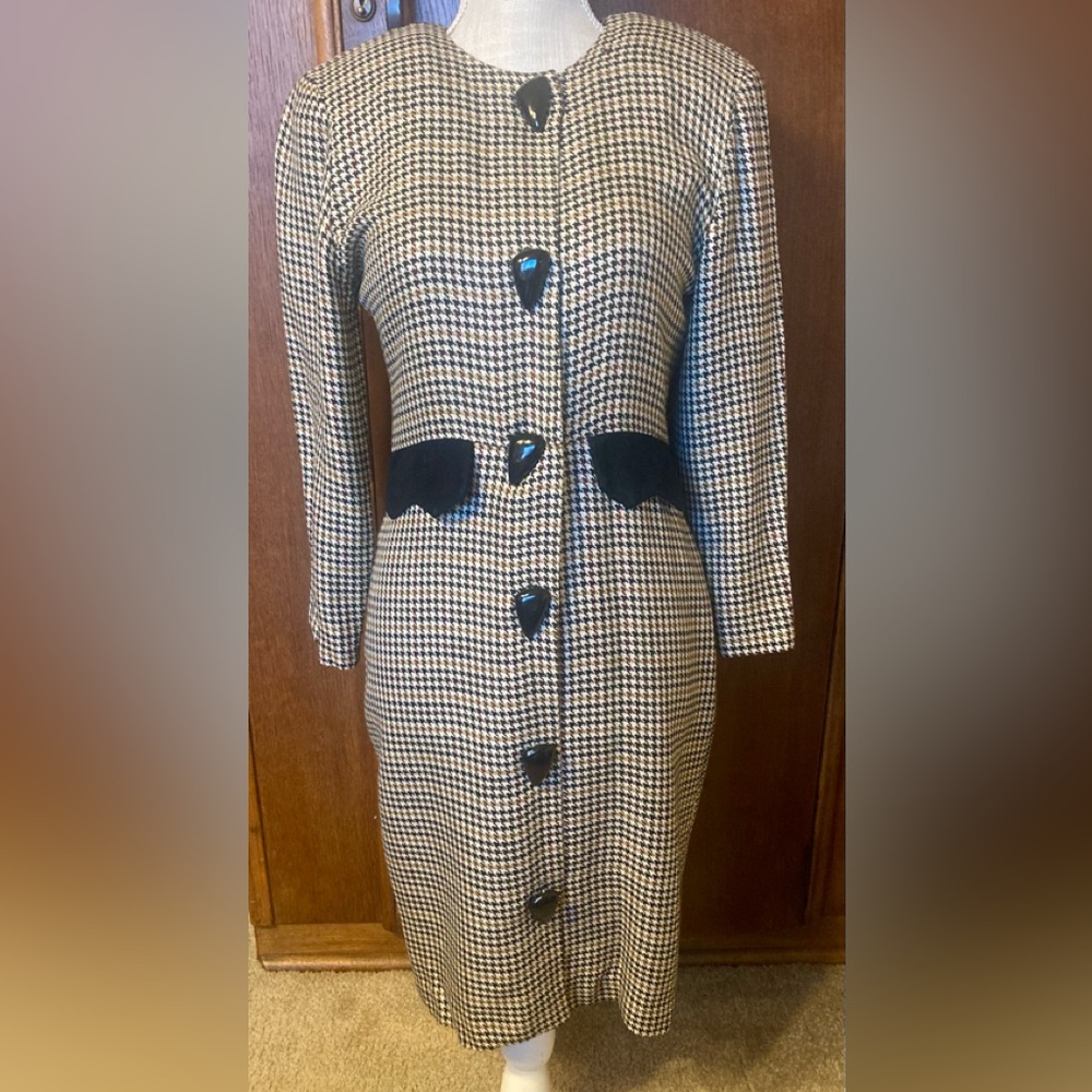 Vintage Cynthia Howie Petites 1980s Autumn Houndstooth Button Down Dress size 2
